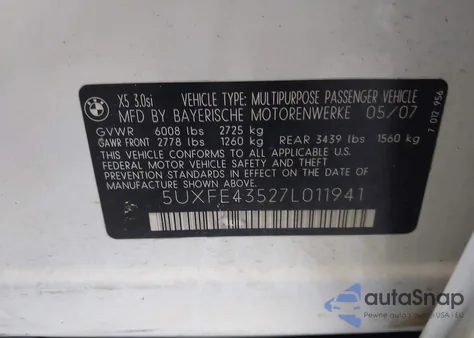 2007 BMW X5 3.0Si из США, поврежденный, VIN 5UXFE43527L011941